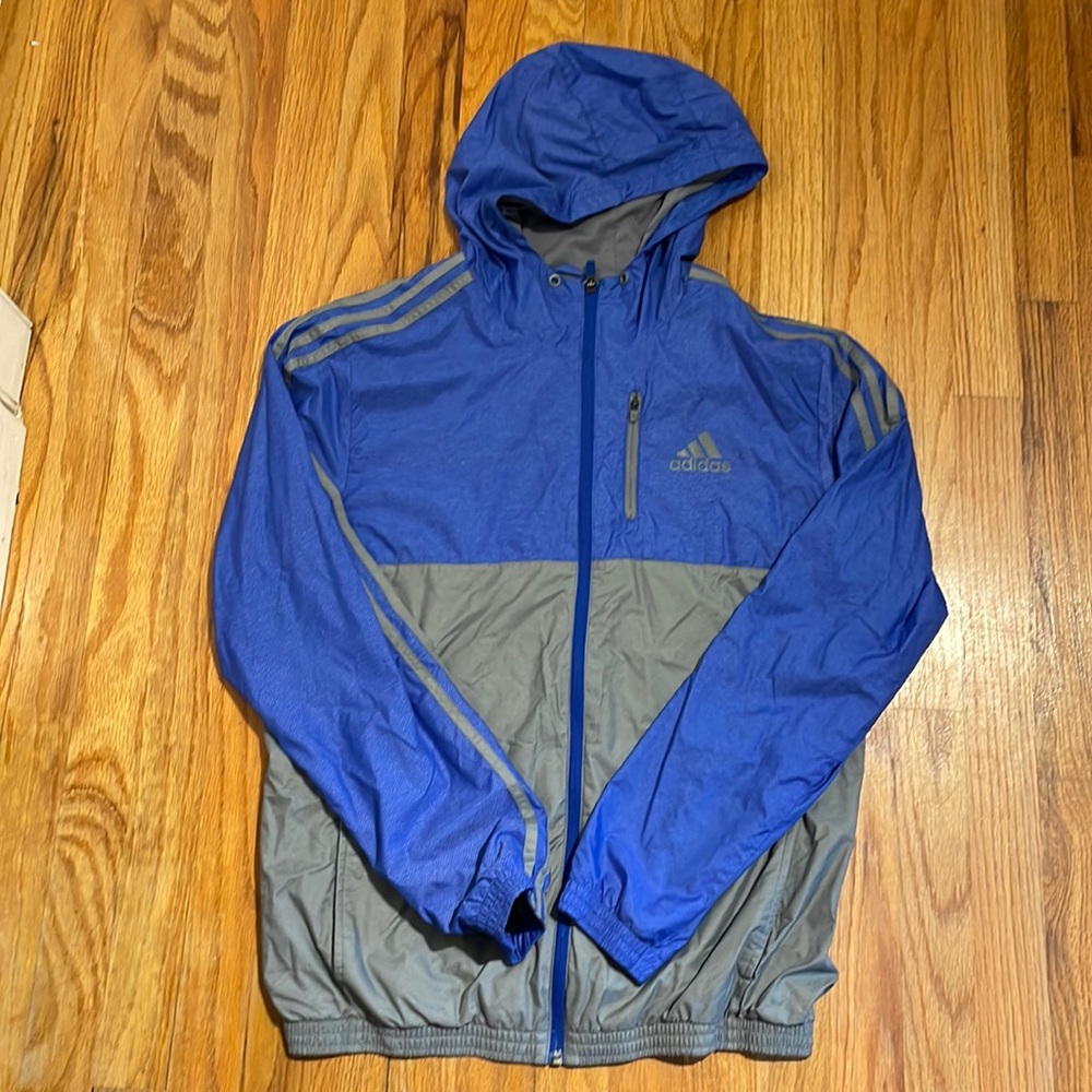 Men’s Adidas, hooded, zip up, blue and gray windbreaker size medium